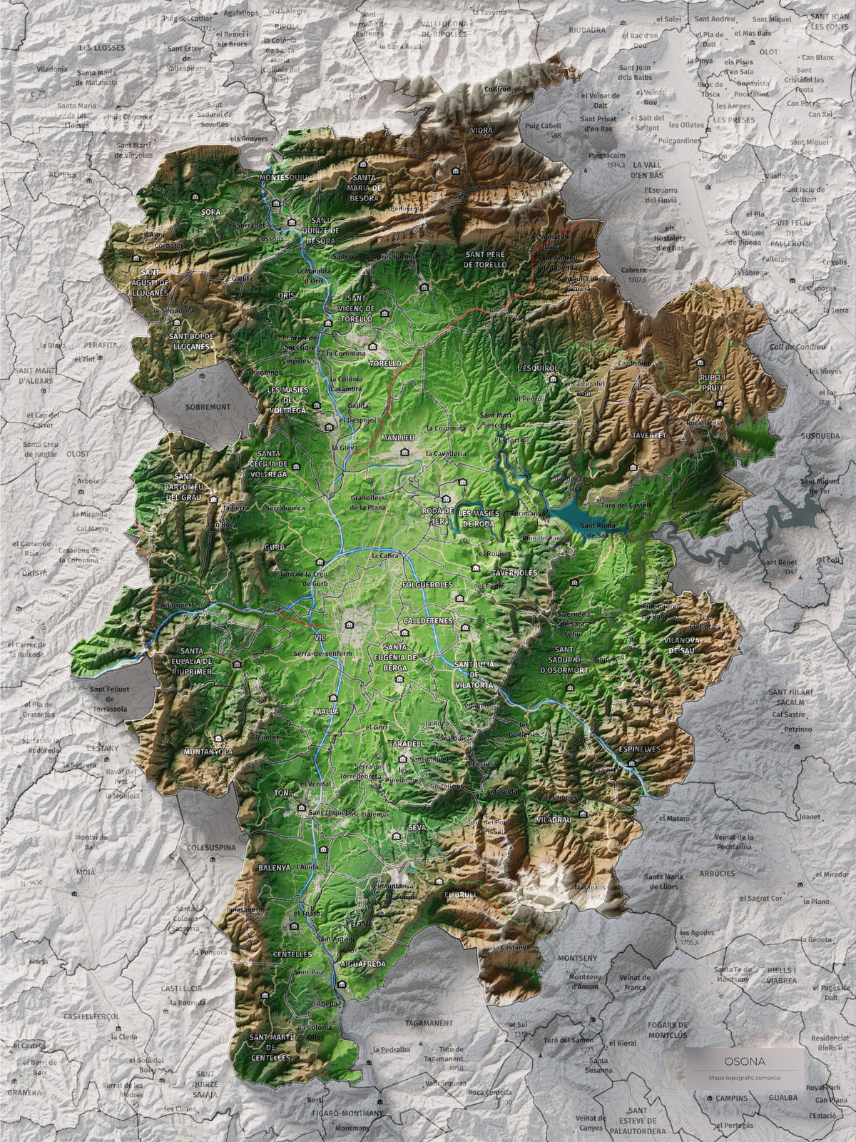 Mapa de relieve de Osona, con el territorio en color y el entorno en blanco. Vista completa de la lámina. 30 × 40 cm. Estilo Clásico.