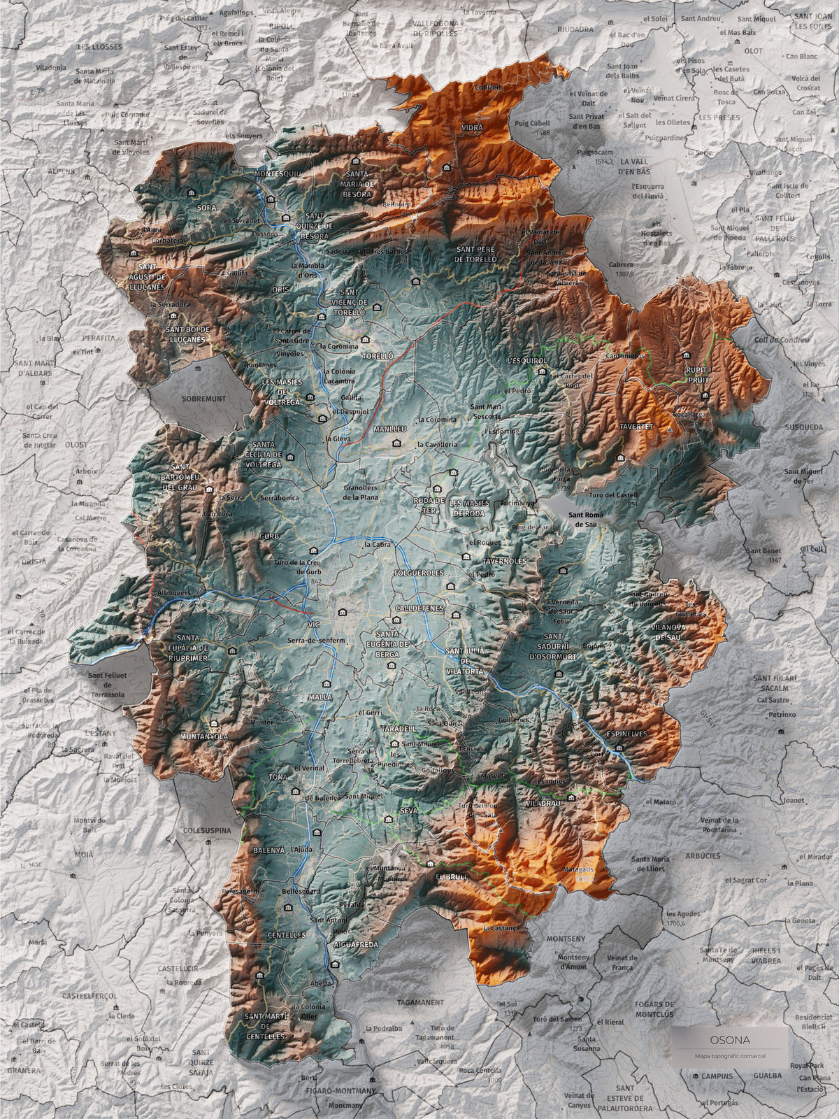 Mapa de relieve de Osona, con el territorio en color y el entorno en blanco. Vista completa de la lámina. 30 × 40 cm. Estilo Azul y naranja.