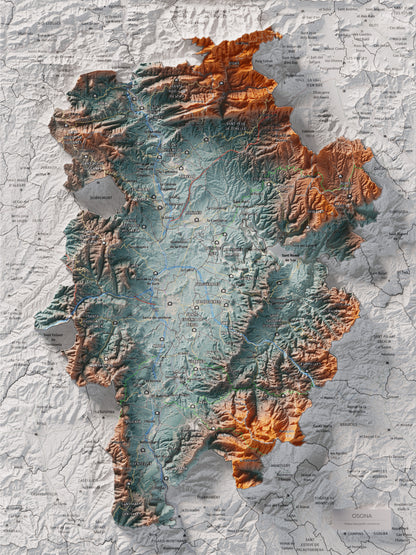 Mapa de relieve de Osona, con el territorio en color y el entorno en blanco. Vista completa de la lámina. 30 × 40 cm. Estilo Azul y naranja.