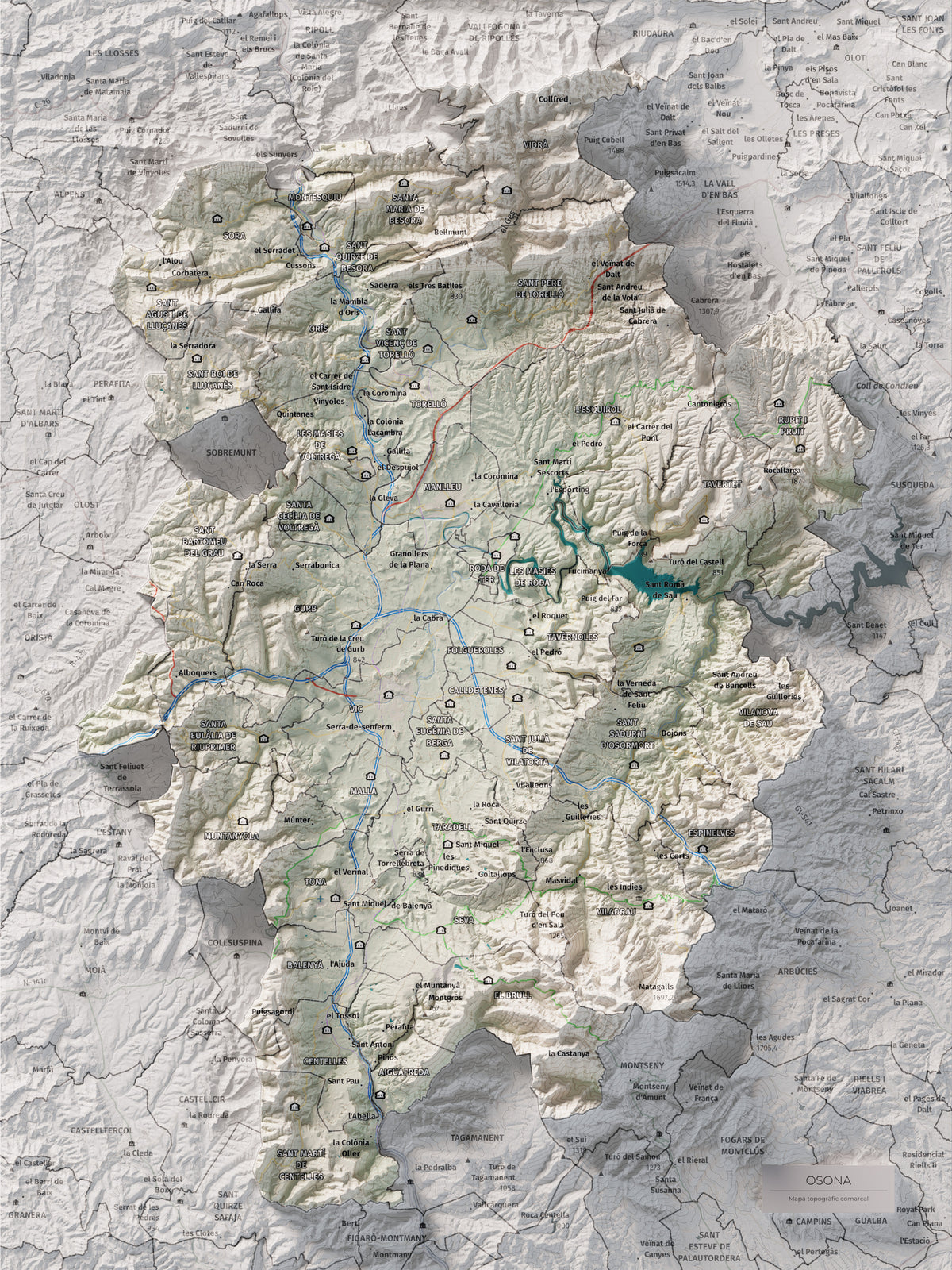 Mapa de relieve de Osona, con el territorio en color y el entorno en blanco. Vista completa de la lámina. 30 × 40 cm. Estilo Cartográfico.
