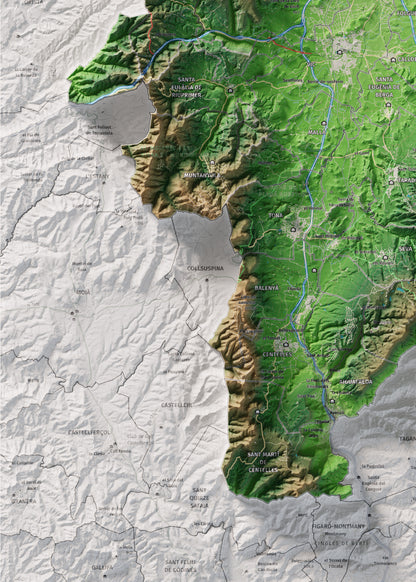 Mapa de relieve de Osona, con el territorio en color y el entorno en blanco. Detalle de la zona inferior izquierda. 50 × 70 cm. Estilo Clásico.