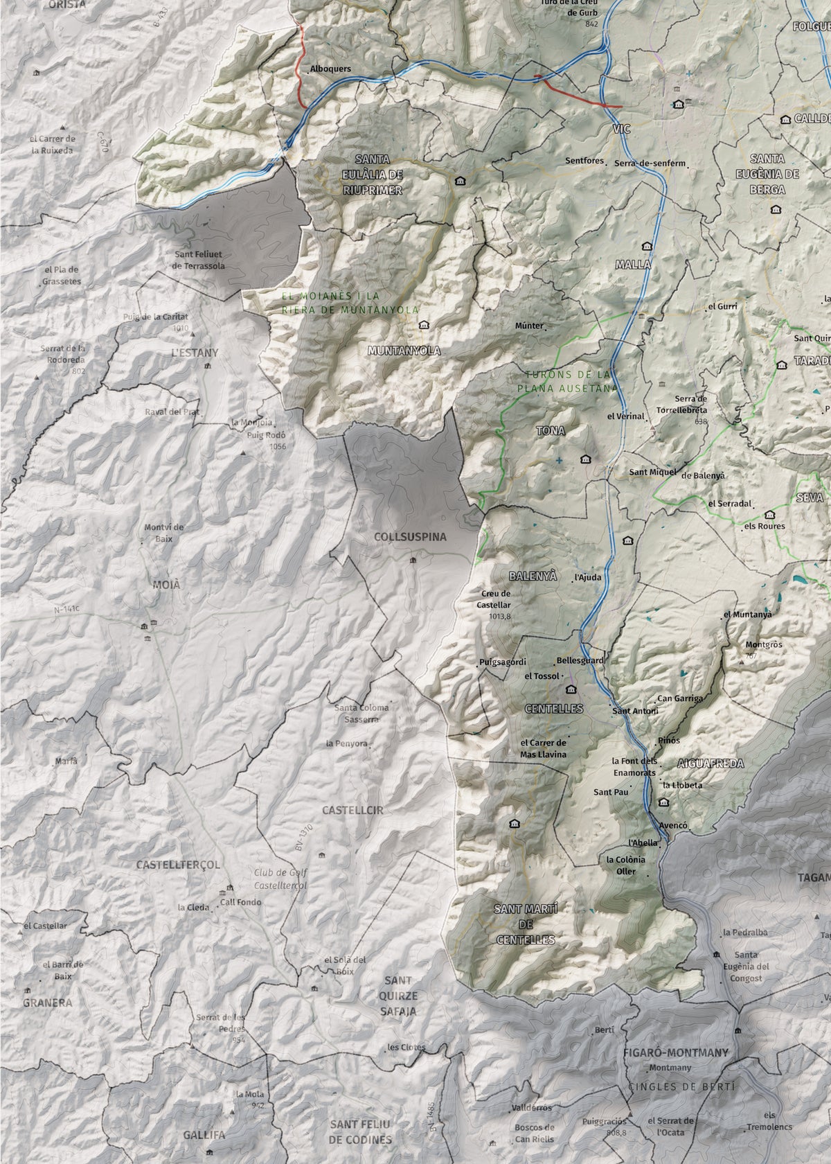 Mapa de relieve de Osona, con el territorio en color y el entorno en blanco. Detalle de la zona inferior izquierda. 50 × 70 cm. Estilo Cartográfico.