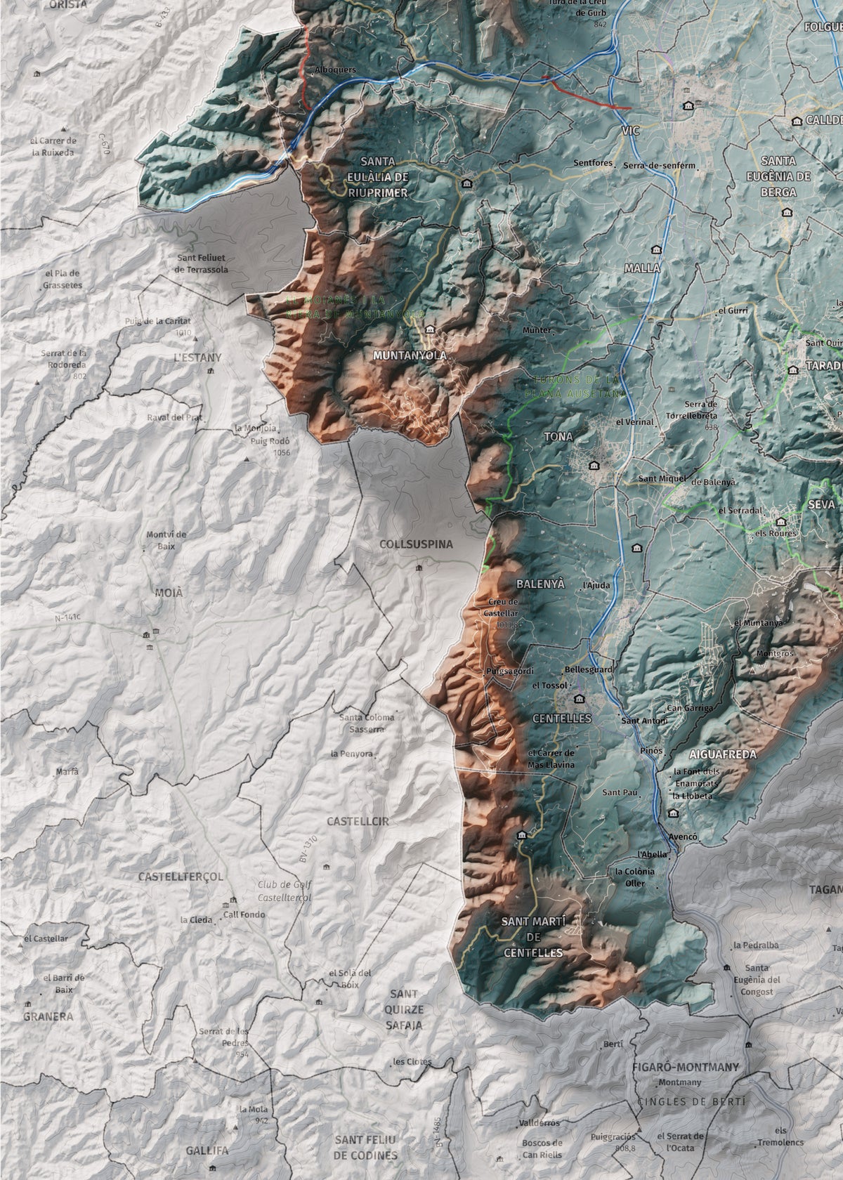 Mapa de relieve de Osona, con el territorio en color y el entorno en blanco. Detalle de la zona inferior izquierda. 50 × 70 cm. Estilo Azul y naranja.