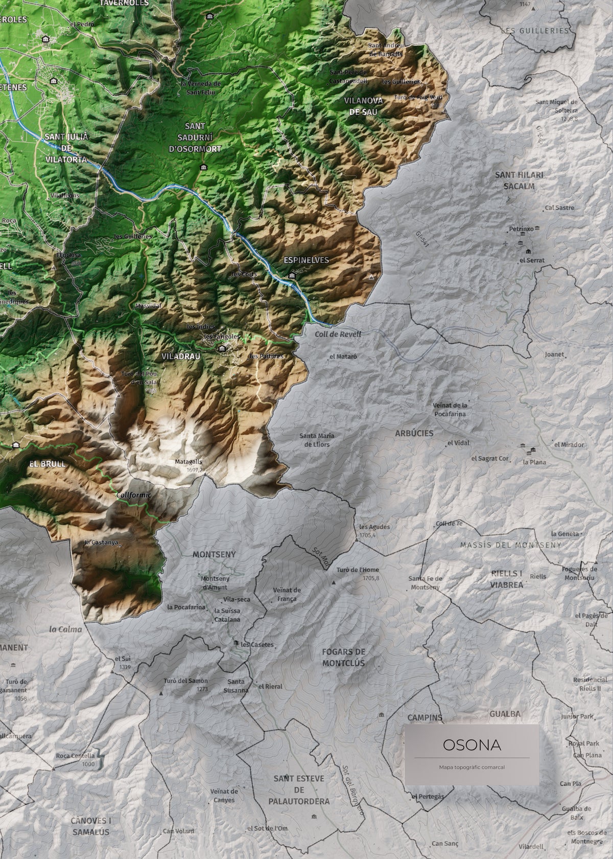 Mapa de relieve de Osona, con el territorio en color y el entorno en blanco. Detalle de la zona inferior derecha. 50 × 70 cm. Estilo Clásico.
