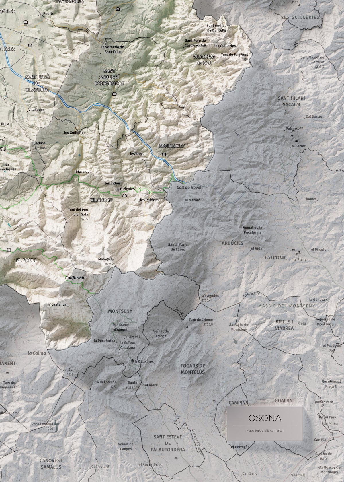 Mapa de relieve de Osona, con el territorio en color y el entorno en blanco. Detalle de la zona inferior derecha. 50 × 70 cm. Estilo Cartográfico.