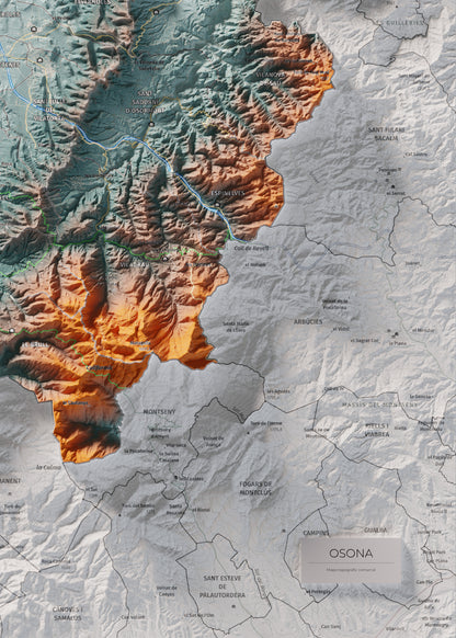 Mapa de relieve de Osona, con el territorio en color y el entorno en blanco. Detalle de la zona inferior derecha. 50 × 70 cm. Estilo Azul y naranja.