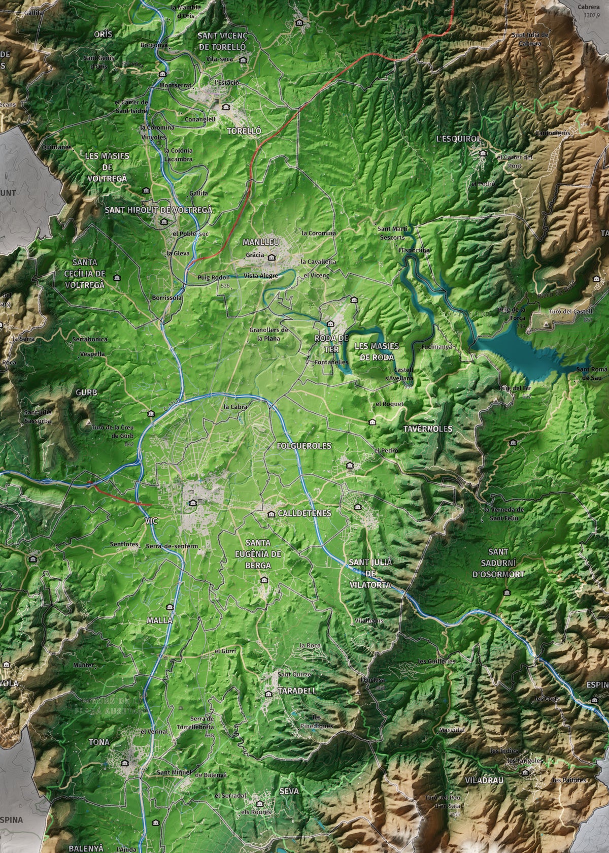 Mapa de relieve de Osona, con el territorio en color y el entorno en blanco. Detalle de la zona central. 50 × 70 cm. Estilo Clásico.