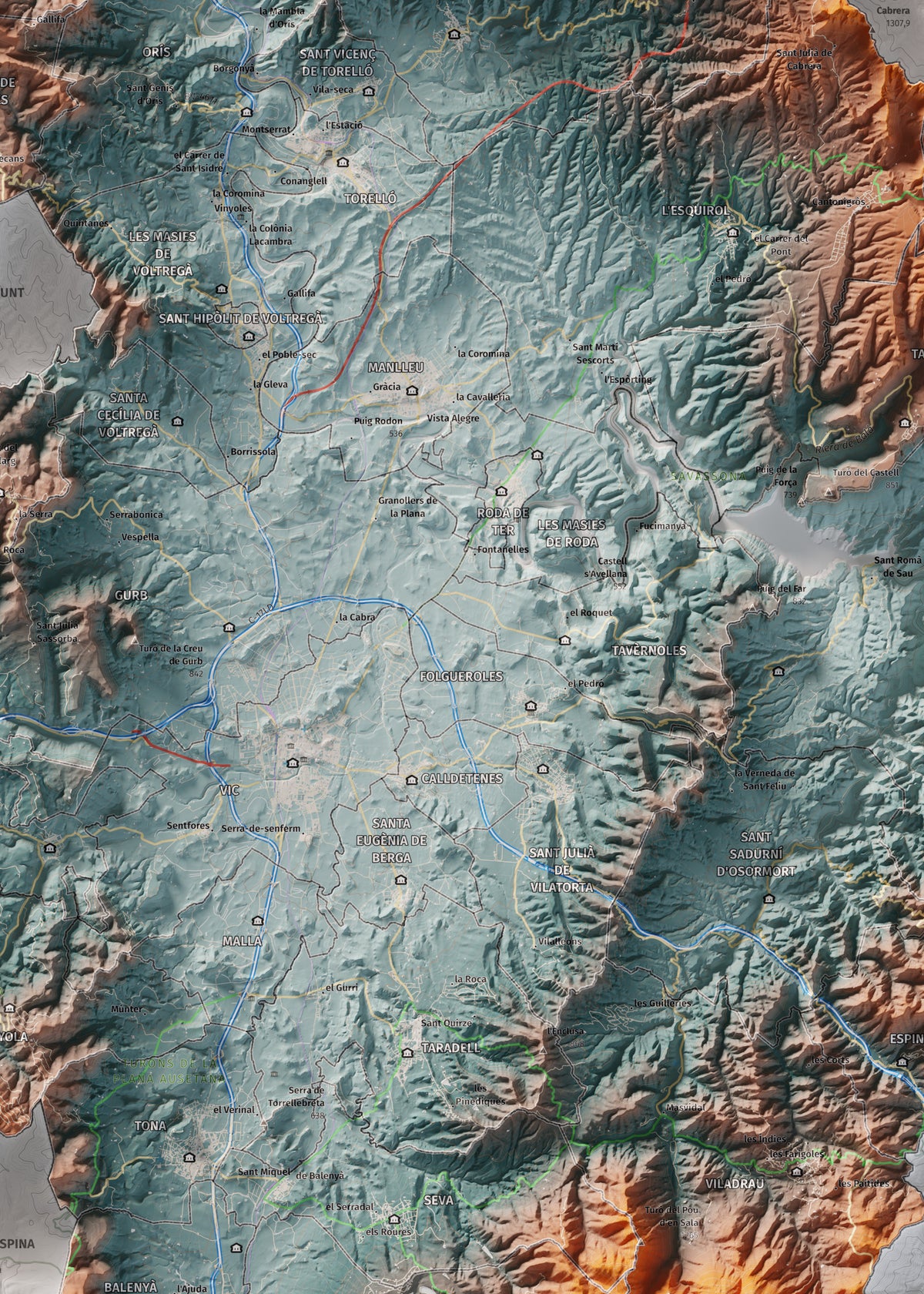Mapa de relieve de Osona, con el territorio en color y el entorno en blanco. Detalle de la zona central. 50 × 70 cm. Estilo Azul y naranja.