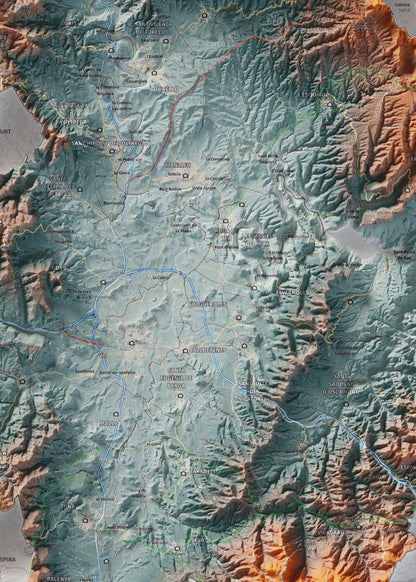 Mapa de relieve de Osona, con el territorio en color y el entorno en blanco. Detalle de la zona central. 50 × 70 cm. Estilo Azul y naranja.