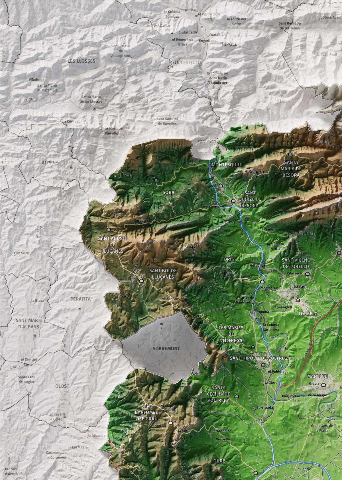 Mapa de relieve de Osona, con el territorio en color y el entorno en blanco. Detalle de la zona superior izquierda. 50 × 70 cm. Estilo Clásico.