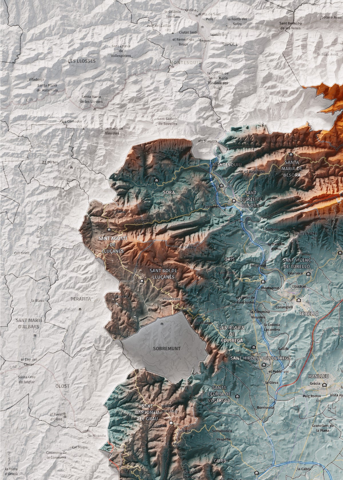 Mapa de relieve de Osona, con el territorio en color y el entorno en blanco. Detalle de la zona superior izquierda. 50 × 70 cm. Estilo Azul y naranja.