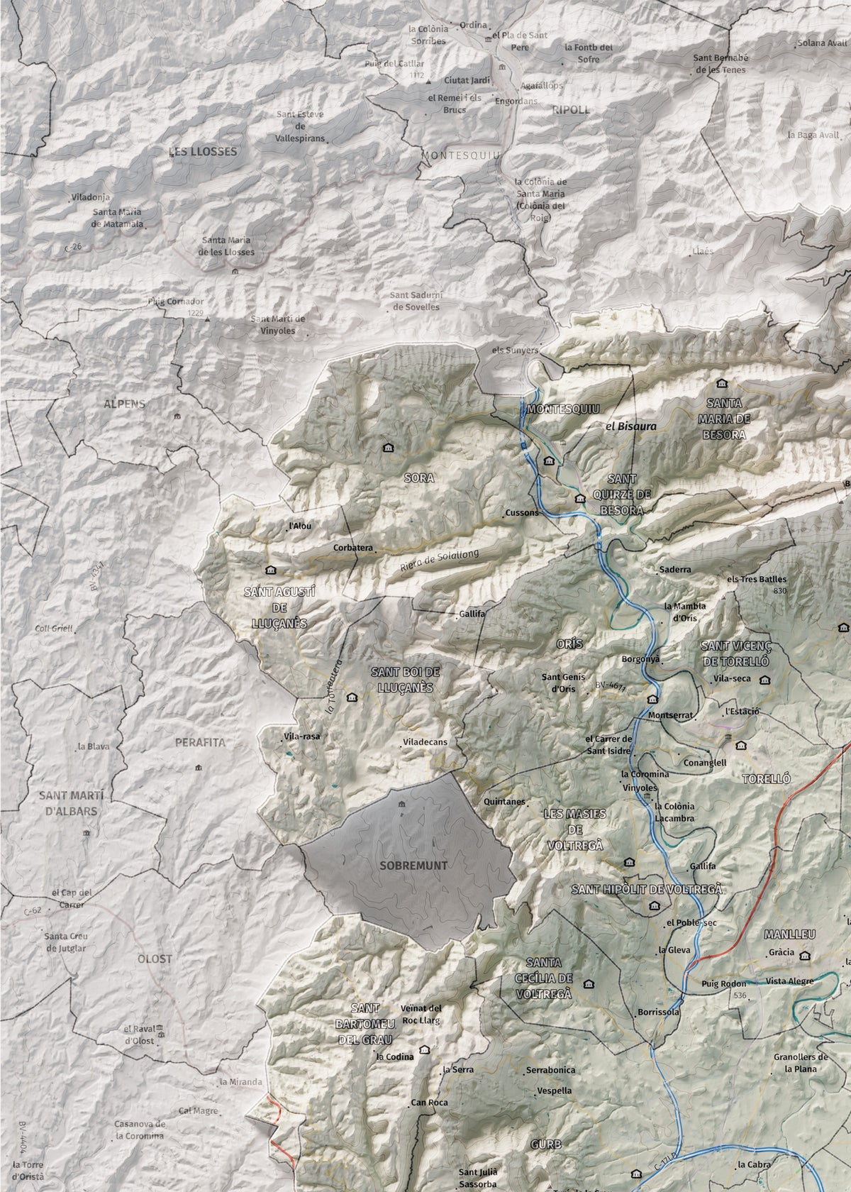 Mapa de relieve de Osona, con el territorio en color y el entorno en blanco. Detalle de la zona superior izquierda. 50 × 70 cm. Estilo Cartográfico.
