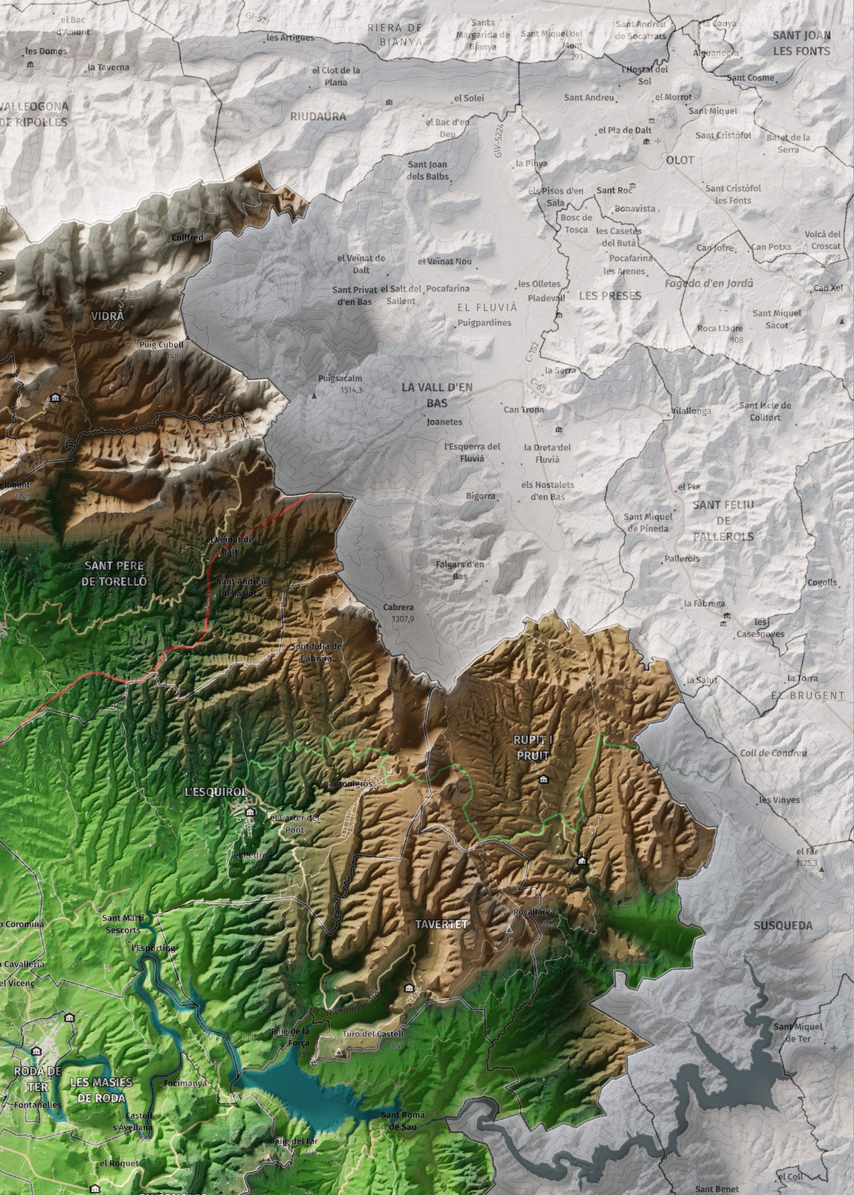Mapa de relieve de Osona, con el territorio en color y el entorno en blanco. Detalle de la zona superior derecha. 50 × 70 cm. Estilo Clásico.