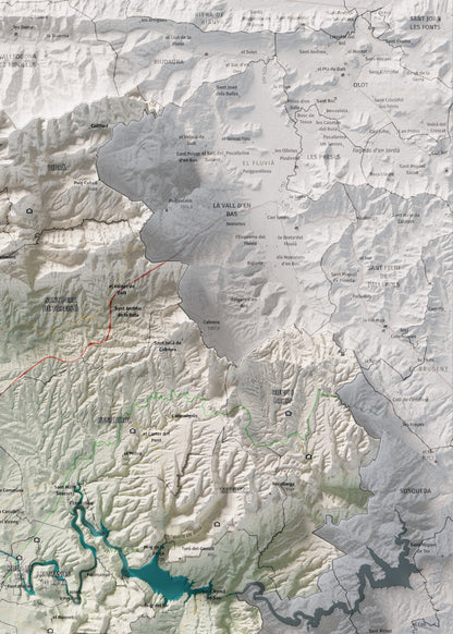 Mapa de relieve de Osona, con el territorio en color y el entorno en blanco. Detalle de la zona superior derecha. 50 × 70 cm. Estilo Cartográfico.