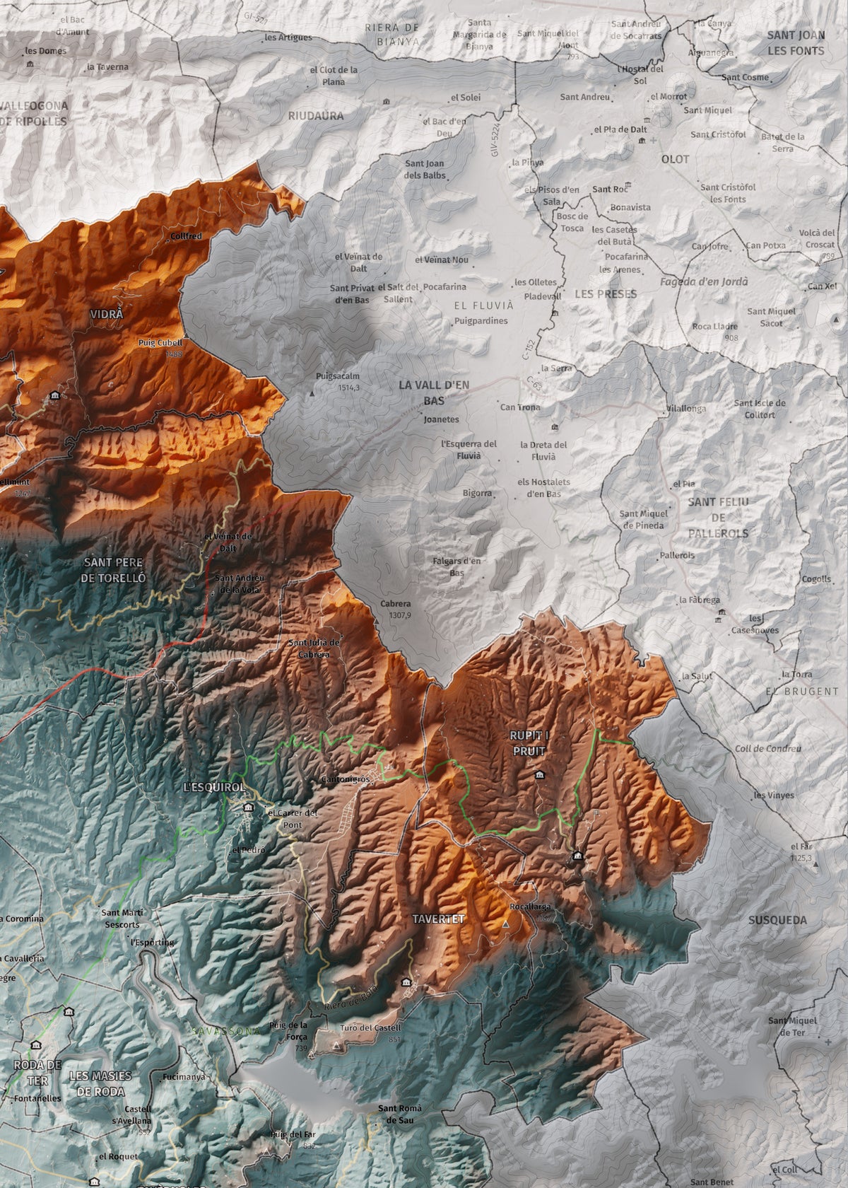 Mapa de relieve de Osona, con el territorio en color y el entorno en blanco. Detalle de la zona superior derecha. 50 × 70 cm. Estilo Azul y naranja.