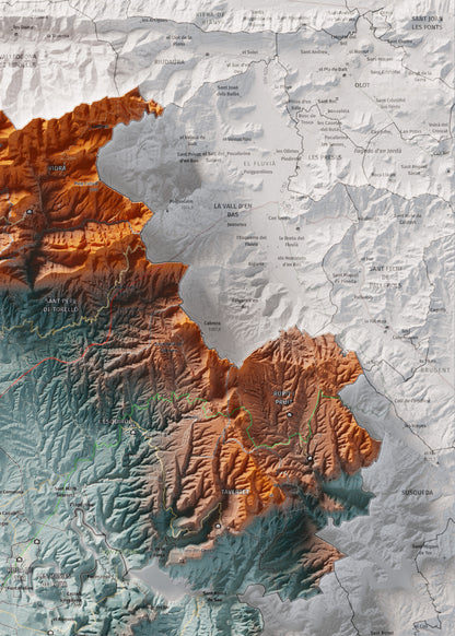 Mapa de relieve de Osona, con el territorio en color y el entorno en blanco. Detalle de la zona superior derecha. 50 × 70 cm. Estilo Azul y naranja.