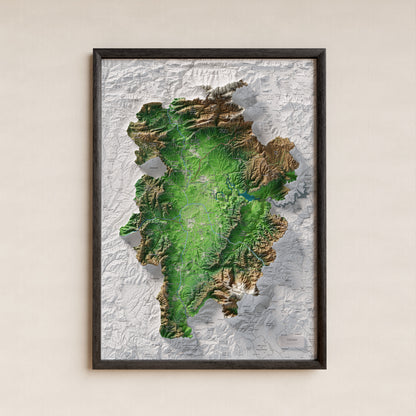 Mapa de relieve de Osona, con el territorio en color y el entorno en blanco. Presentación con marco. 50 × 70 cm. Estilo Clásico.
