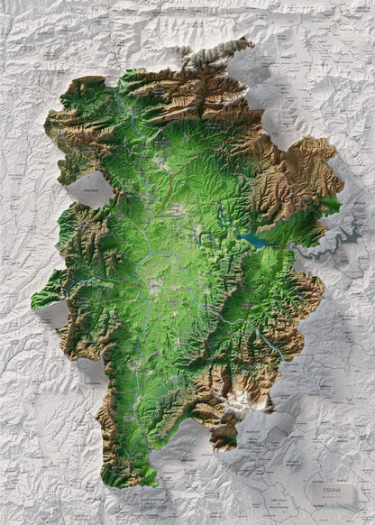 Mapa de relieve de Osona, con el territorio en color y el entorno en blanco. Vista completa de la lámina. 50 × 70 cm. Estilo Clásico.