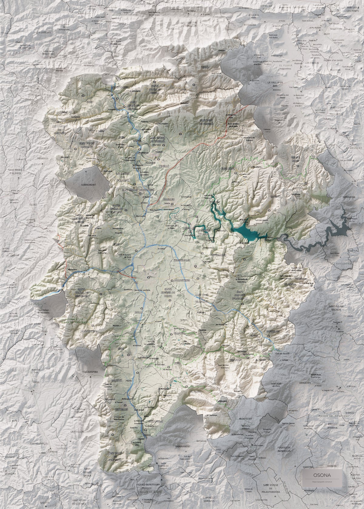 Mapa de relieve de Osona, con el territorio en color y el entorno en blanco. Vista completa de la lámina. 50 × 70 cm. Estilo Cartográfico.