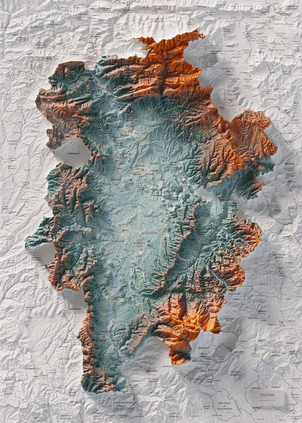 Mapa de relieve de Osona, con el territorio en color y el entorno en blanco. Vista completa de la lámina. 50 × 70 cm. Estilo Azul y naranja.