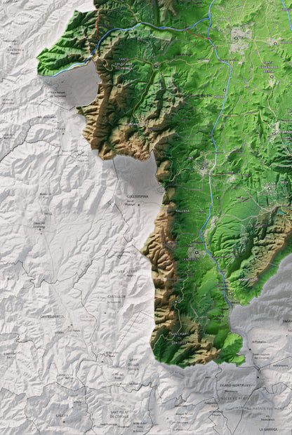 Mapa de relieve de Osona, con el territorio en color y el entorno en blanco. Detalle de la zona inferior izquierda. 61 × 91 cm. Estilo Clásico.