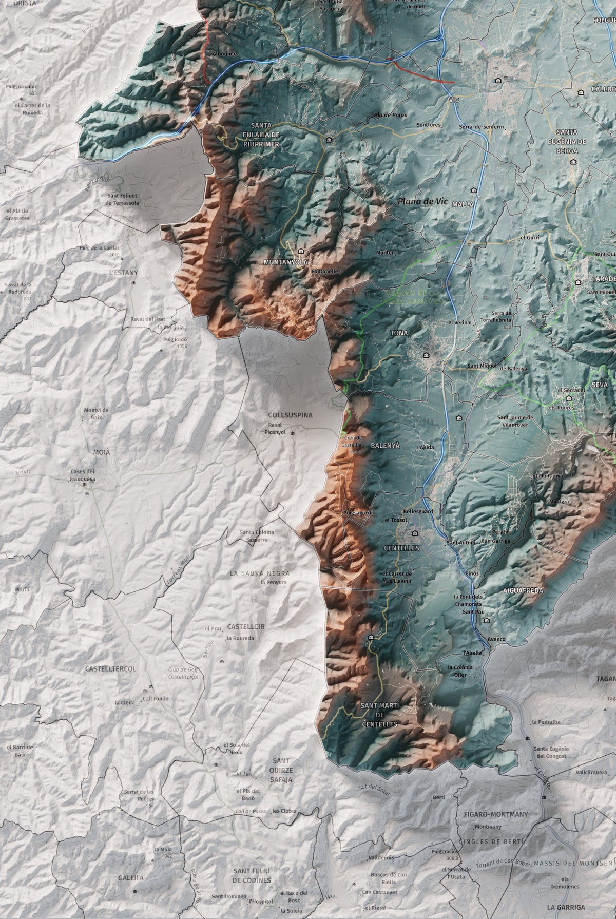 Mapa de relieve de Osona, con el territorio en color y el entorno en blanco. Detalle de la zona inferior izquierda. 61 × 91 cm. Estilo Azul y naranja.