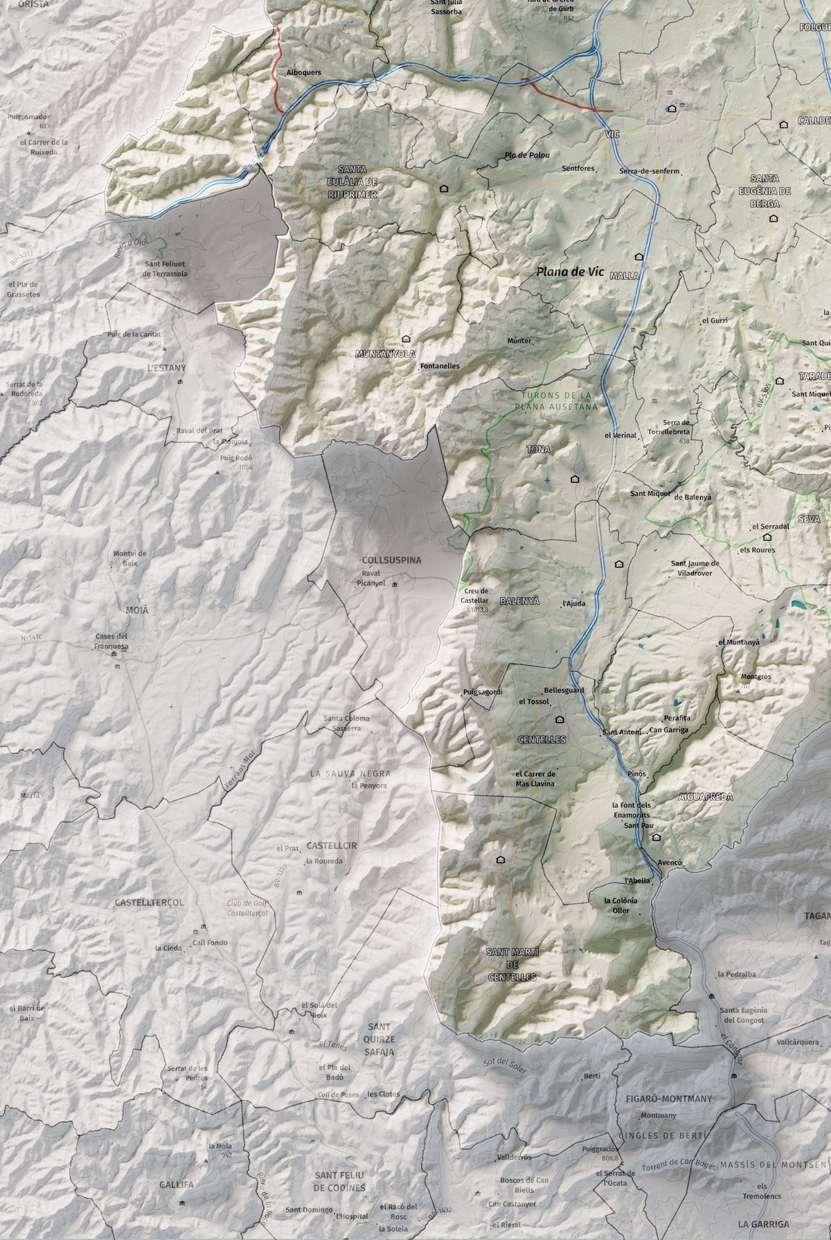 Mapa de relieve de Osona, con el territorio en color y el entorno en blanco. Detalle de la zona inferior izquierda. 61 × 91 cm. Estilo Cartográfico.