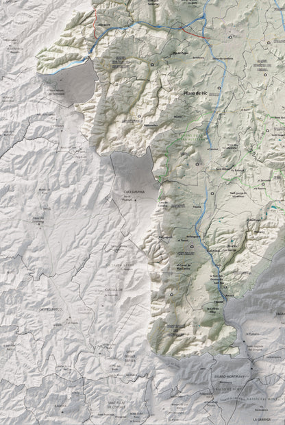 Mapa de relieve de Osona, con el territorio en color y el entorno en blanco. Detalle de la zona inferior izquierda. 61 × 91 cm. Estilo Cartográfico.