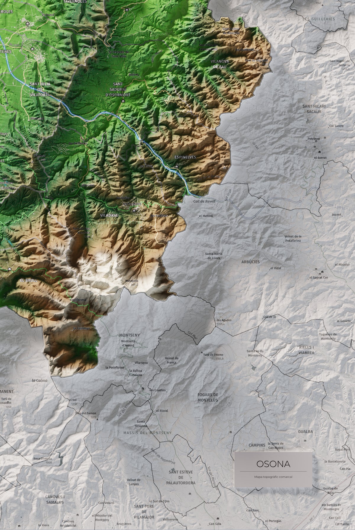 Mapa de relieve de Osona, con el territorio en color y el entorno en blanco. Detalle de la zona inferior derecha. 61 × 91 cm. Estilo Clásico.