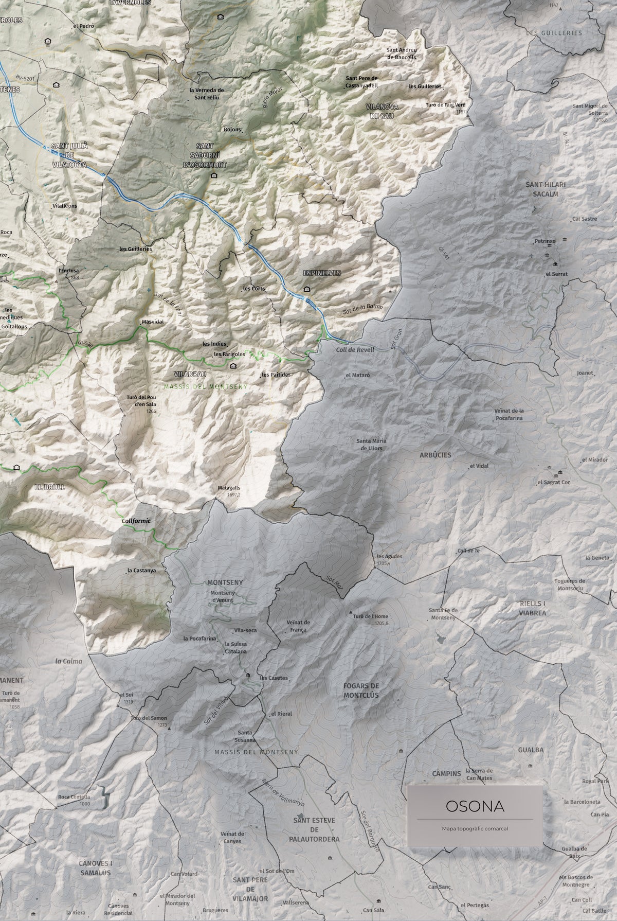 Mapa de relieve de Osona, con el territorio en color y el entorno en blanco. Detalle de la zona inferior derecha. 61 × 91 cm. Estilo Cartográfico.