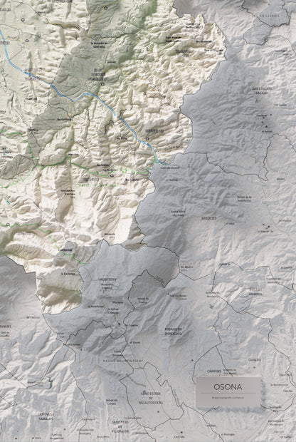 Mapa de relieve de Osona, con el territorio en color y el entorno en blanco. Detalle de la zona inferior derecha. 61 × 91 cm. Estilo Cartográfico.