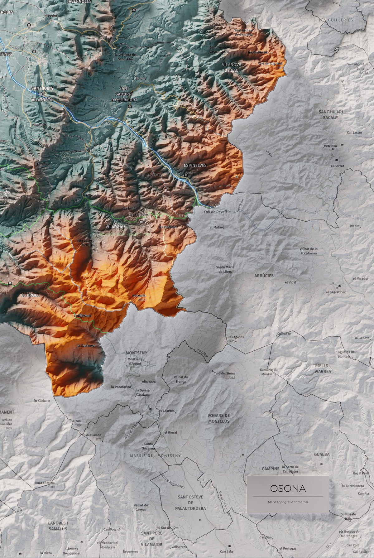 Mapa de relieve de Osona, con el territorio en color y el entorno en blanco. Detalle de la zona inferior derecha. 61 × 91 cm. Estilo Azul y naranja.