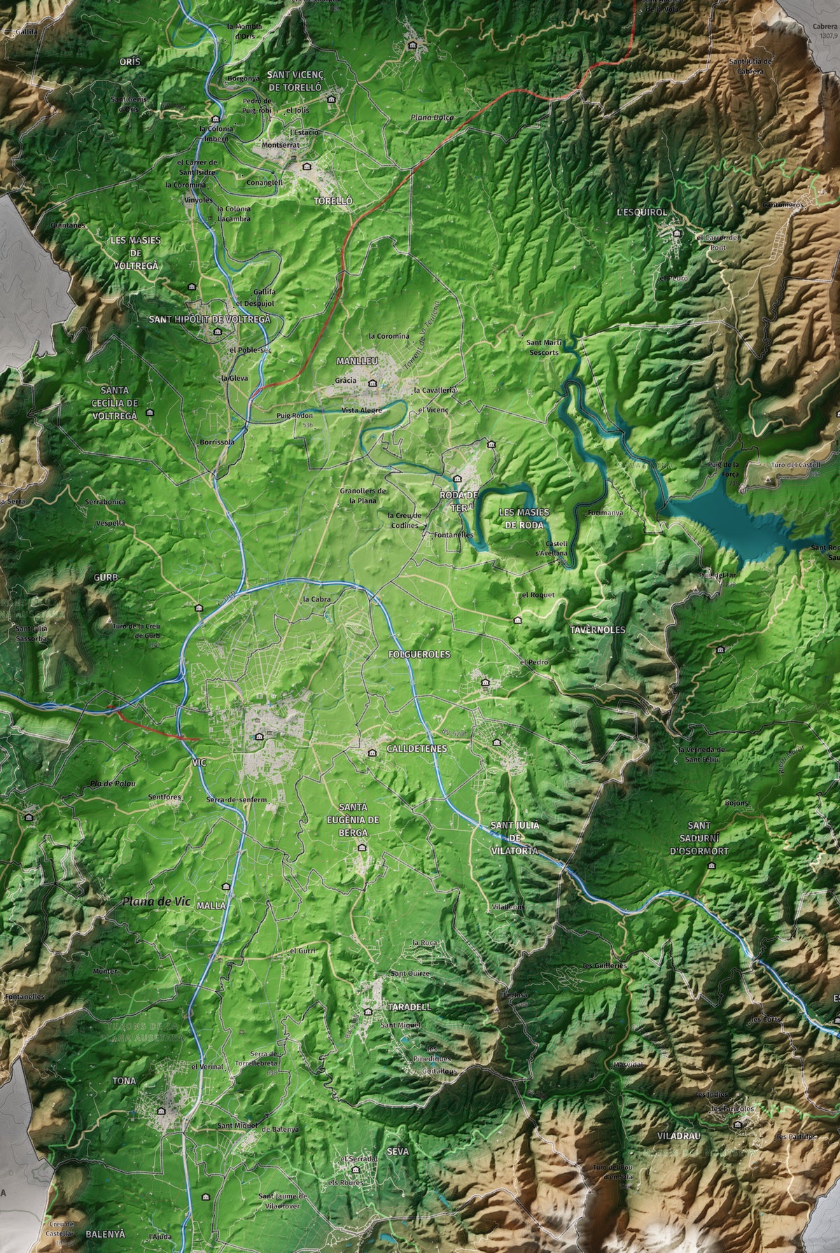 Mapa de relieve de Osona, con el territorio en color y el entorno en blanco. Detalle de la zona central. 61 × 91 cm. Estilo Clásico.