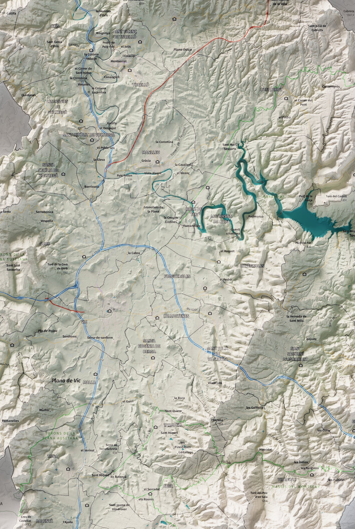 Mapa de relieve de Osona, con el territorio en color y el entorno en blanco. Detalle de la zona central. 61 × 91 cm. Estilo Cartográfico.