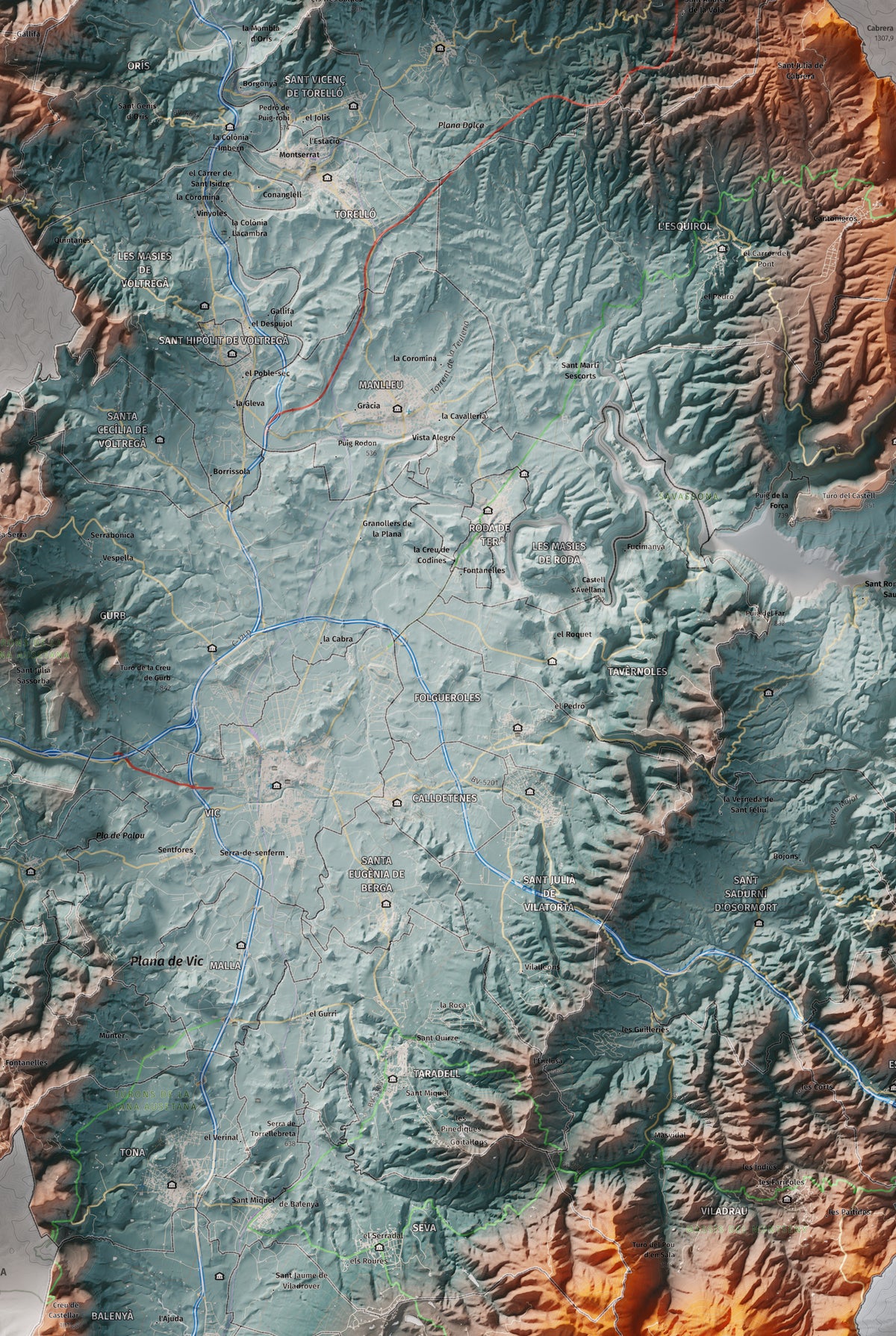 Mapa de relieve de Osona, con el territorio en color y el entorno en blanco. Detalle de la zona central. 61 × 91 cm. Estilo Azul y naranja.