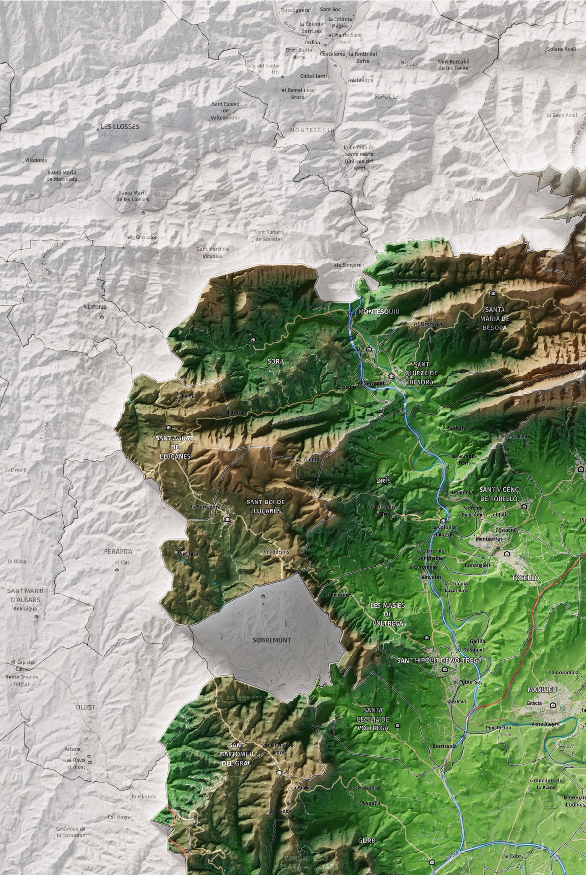 Mapa de relieve de Osona, con el territorio en color y el entorno en blanco. Detalle de la zona superior izquierda. 61 × 91 cm. Estilo Clásico.