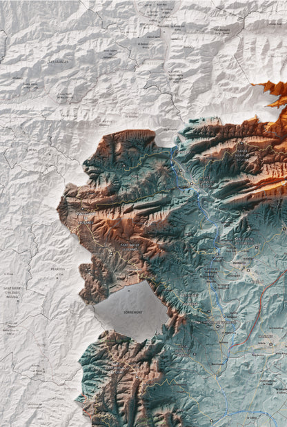 Mapa de relieve de Osona, con el territorio en color y el entorno en blanco. Detalle de la zona superior izquierda. 61 × 91 cm. Estilo Azul y naranja.