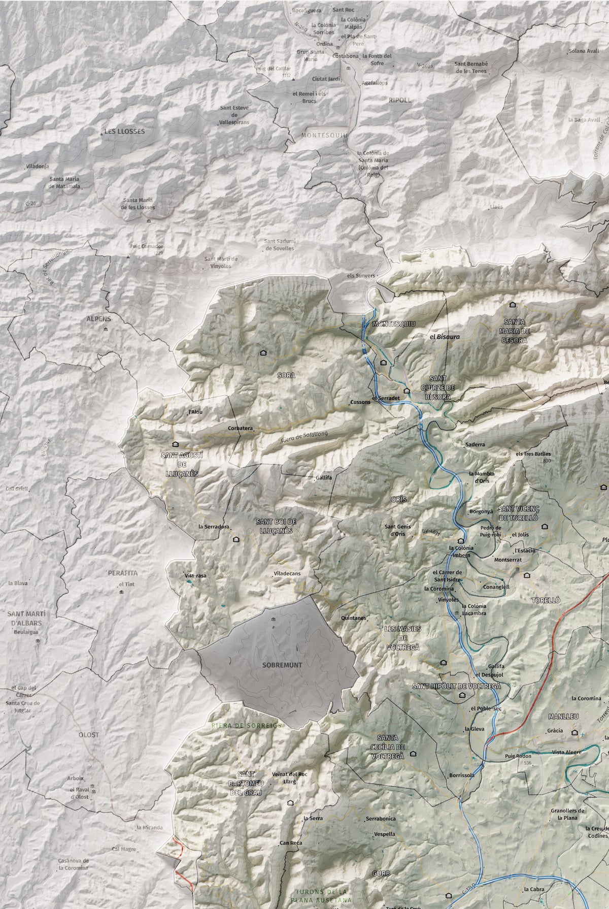 Mapa de relieve de Osona, con el territorio en color y el entorno en blanco. Detalle de la zona superior izquierda. 61 × 91 cm. Estilo Cartográfico.
