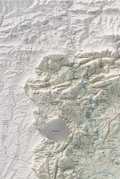 Mapa de relieve de Osona, con el territorio en color y el entorno en blanco. Detalle de la zona superior izquierda. 61 × 91 cm. Estilo Cartográfico.