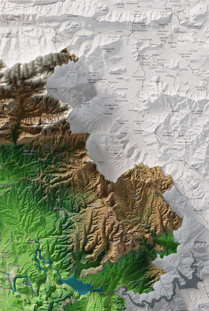 Mapa de relieve de Osona, con el territorio en color y el entorno en blanco. Detalle de la zona superior derecha. 61 × 91 cm. Estilo Clásico.