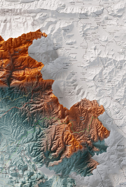 Mapa de relieve de Osona, con el territorio en color y el entorno en blanco. Detalle de la zona superior derecha. 61 × 91 cm. Estilo Azul y naranja.
