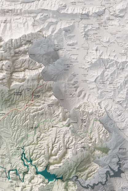 Mapa de relieve de Osona, con el territorio en color y el entorno en blanco. Detalle de la zona superior derecha. 61 × 91 cm. Estilo Cartográfico.