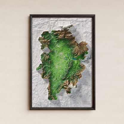 Mapa de relieve de Osona, con el territorio en color y el entorno en blanco. Presentación con marco. 61 × 91 cm. Estilo Clásico.