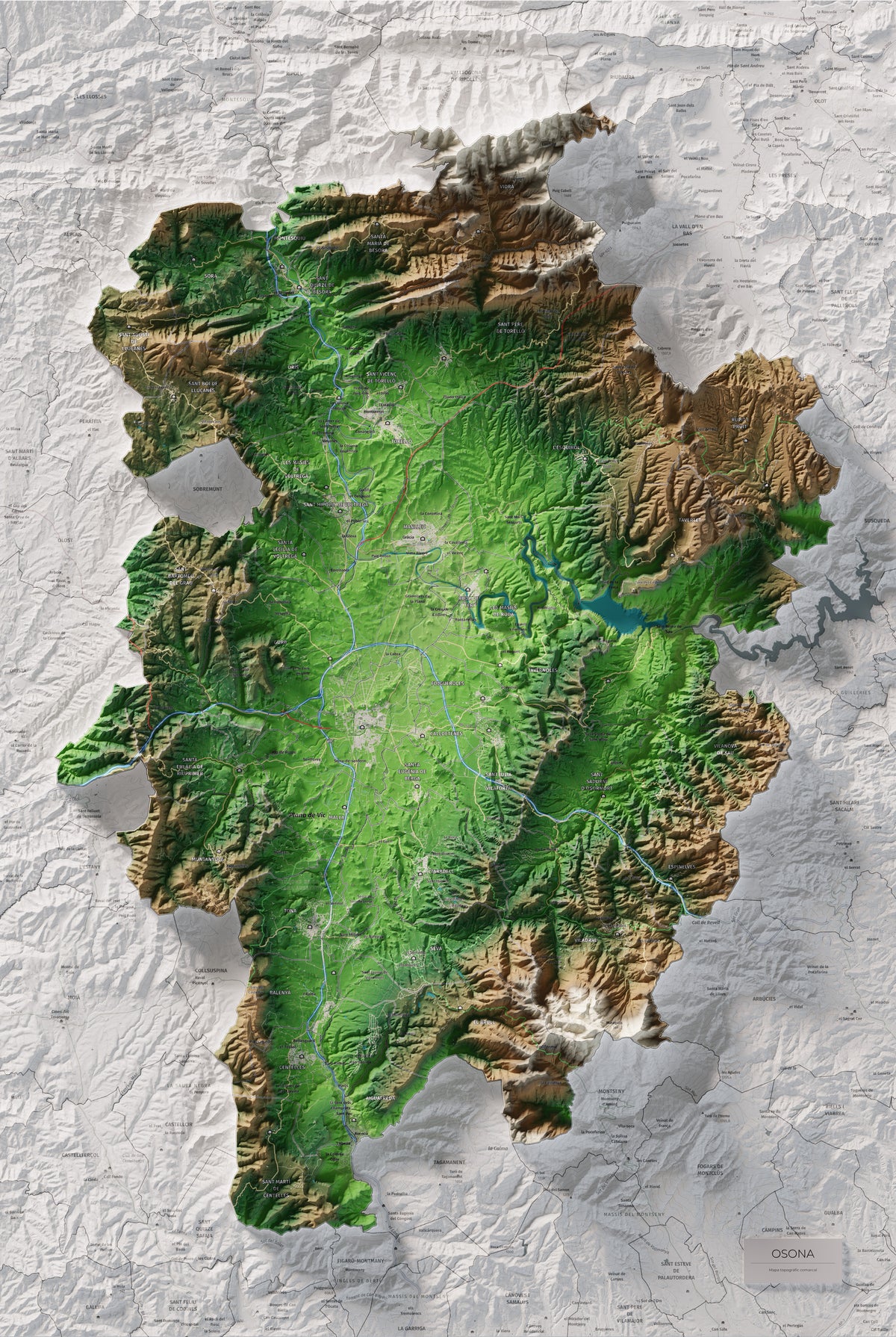 Mapa de relieve de Osona, con el territorio en color y el entorno en blanco. Vista completa de la lámina. 61 × 91 cm. Estilo Clásico.