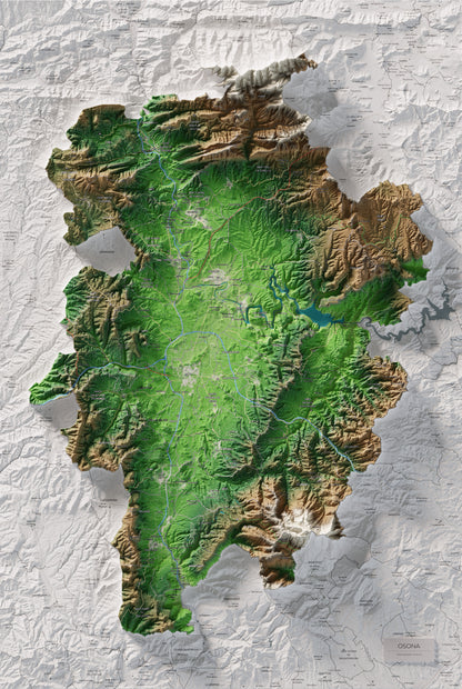 Mapa de relieve de Osona, con el territorio en color y el entorno en blanco. Vista completa de la lámina. 61 × 91 cm. Estilo Clásico.