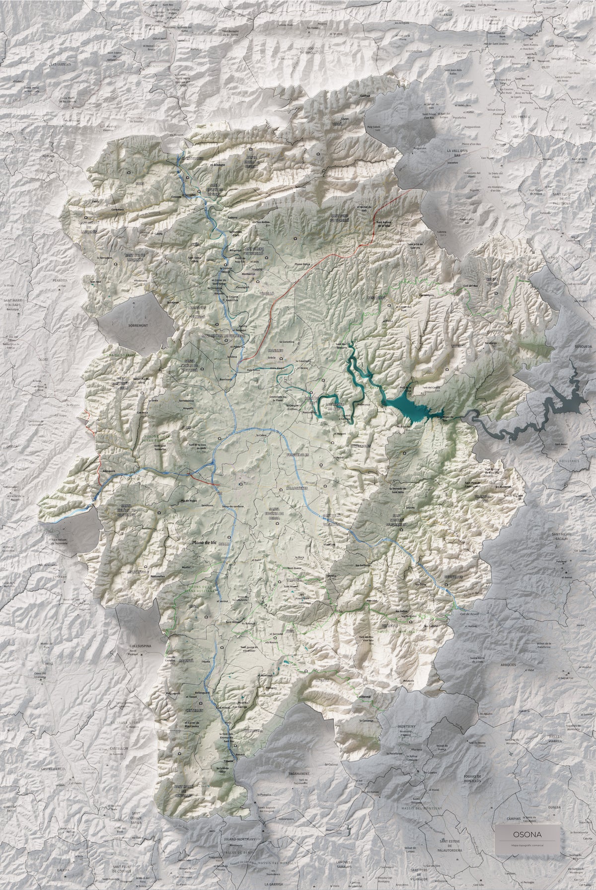 Mapa de relieve de Osona, con el territorio en color y el entorno en blanco. Vista completa de la lámina. 61 × 91 cm. Estilo Cartográfico.