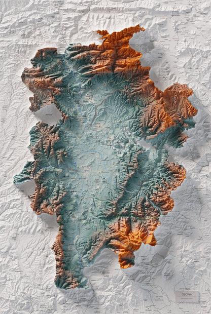Mapa de relieve de Osona, con el territorio en color y el entorno en blanco. Vista completa de la lámina. 61 × 91 cm. Estilo Azul y naranja.