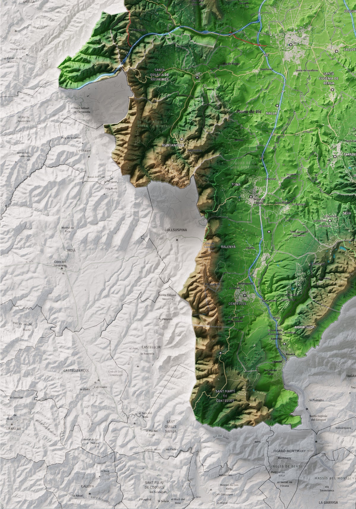 Mapa de relieve de Osona, con el territorio en color y el entorno en blanco. Detalle de la zona inferior izquierda. 70 × 100 cm. Estilo Clásico.