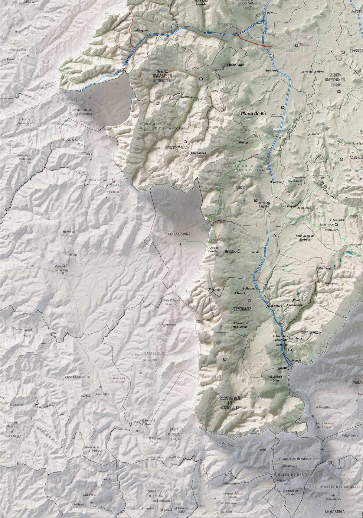 Mapa de relieve de Osona, con el territorio en color y el entorno en blanco. Detalle de la zona inferior izquierda. 70 × 100 cm. Estilo Cartográfico.