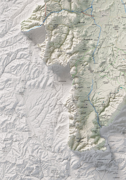 Mapa de relieve de Osona, con el territorio en color y el entorno en blanco. Detalle de la zona inferior izquierda. 70 × 100 cm. Estilo Cartográfico.